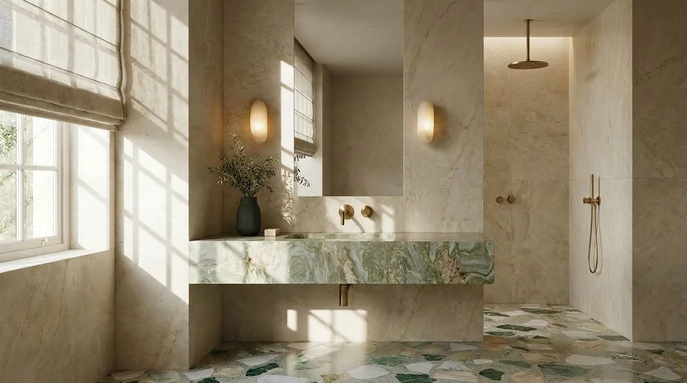 Bathroom with custom marble mosaic floor, natural green stone vanity, walk-in shower and brushed brass fittings