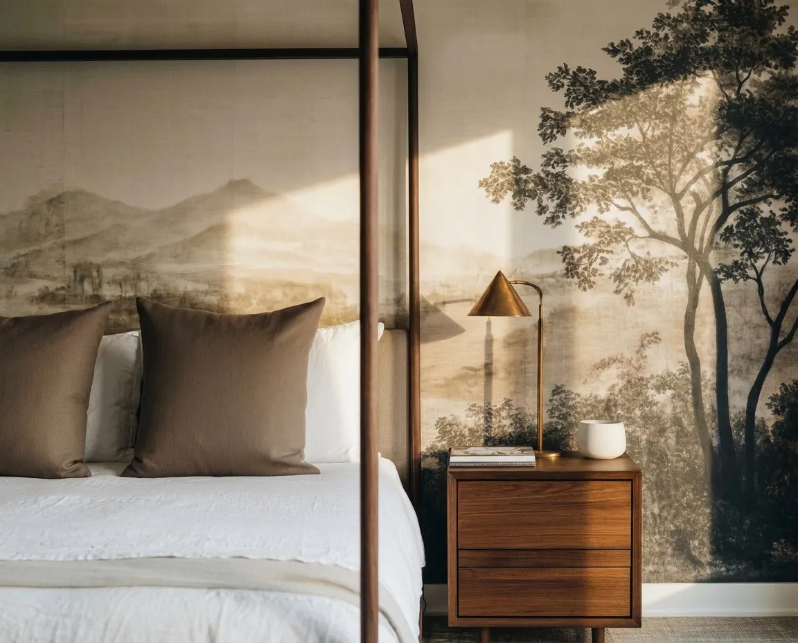 Full view of the master bedroom with forest mural wallpaper, walnut four-poster and arched window
