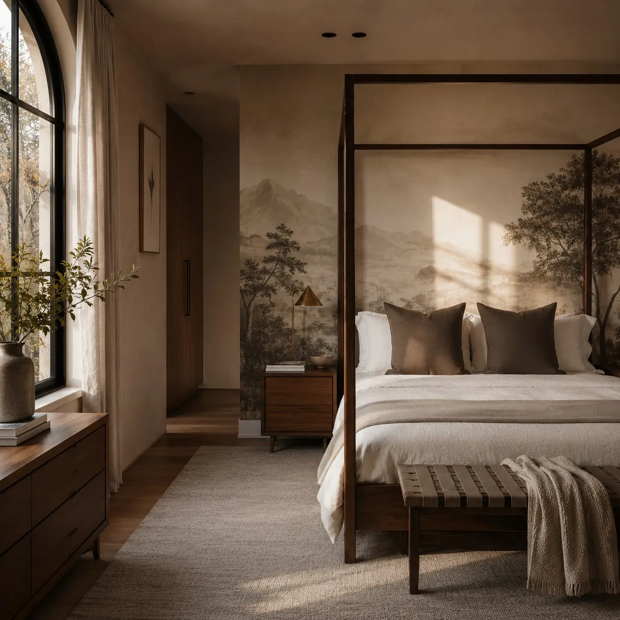 Bedroom window corner with walnut dresser and soft natural light