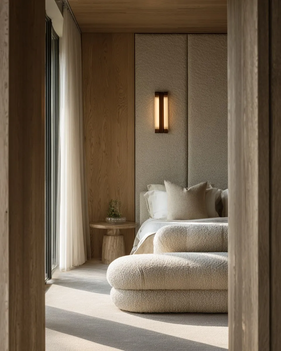 Serene bedroom with timber-clad walls and boucle bed seen through the doorway