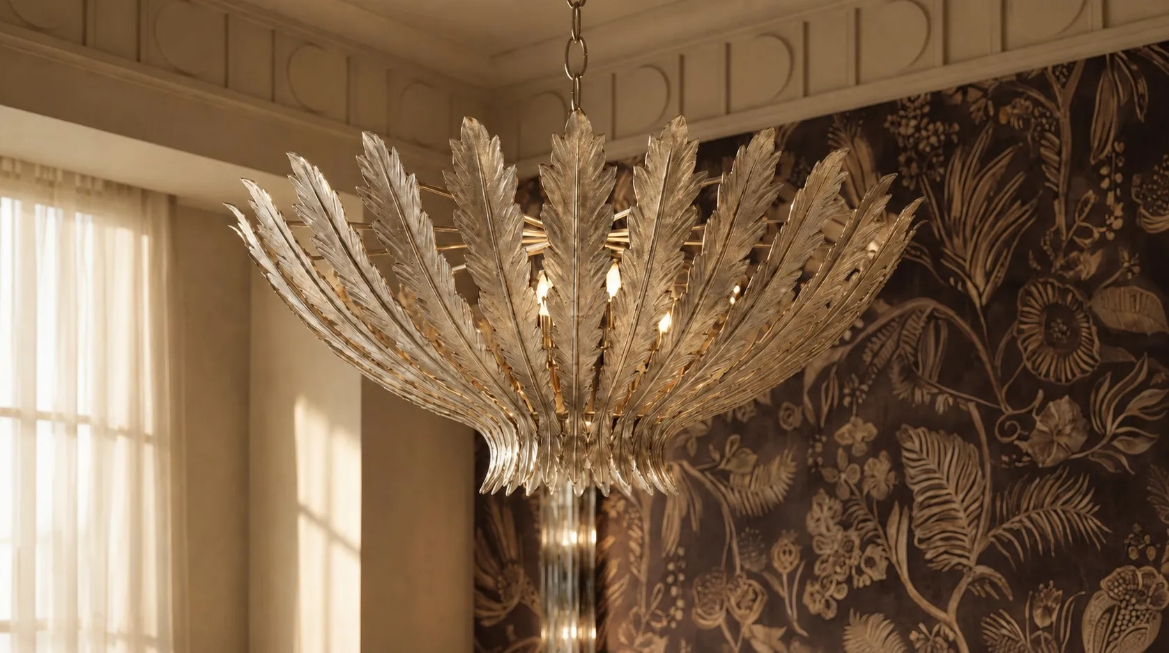 Chandelier shaped like falling leaves beside the botanical papered wall
