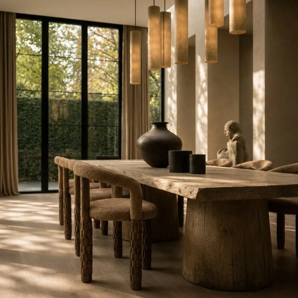 Organic timber dining table beneath a cluster of pendants with garden views