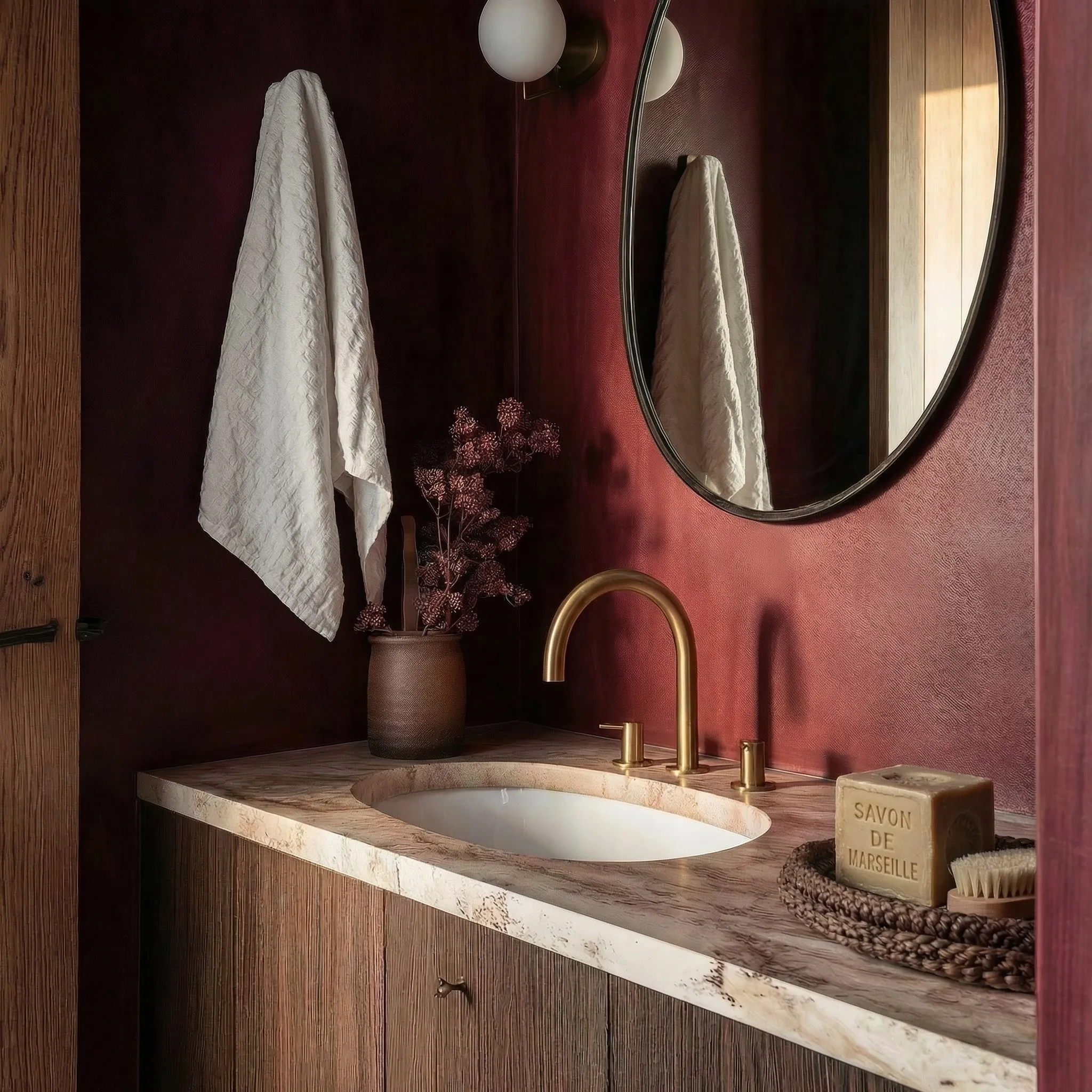 Master ensuite with deep burgundy plaster walls, marble vanity on walnut and brushed brass tap