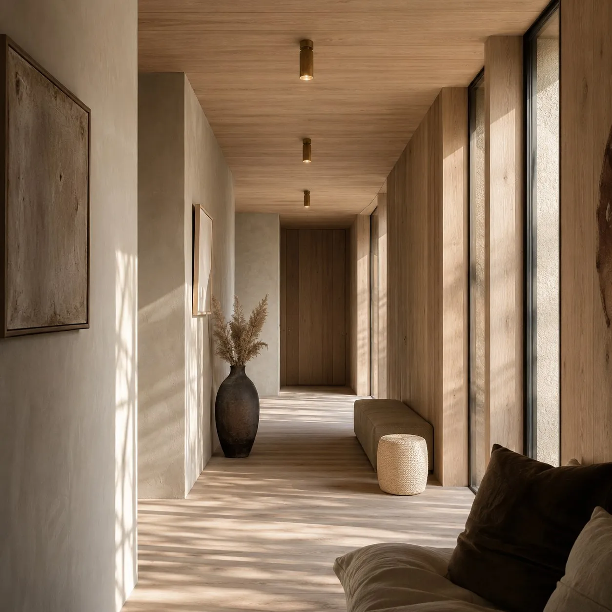 Gallery hallway in pale timber with natural light