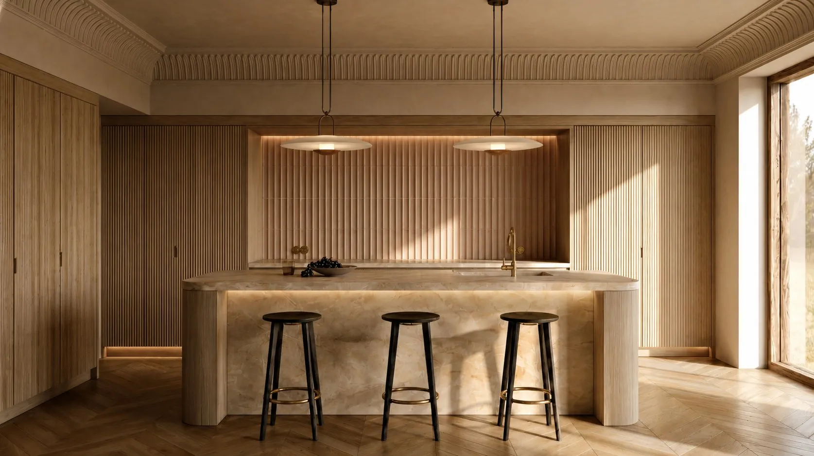 Fluted oak kitchen with sculptural marble island, black stools and carved cornice, part of a four-room renovation
