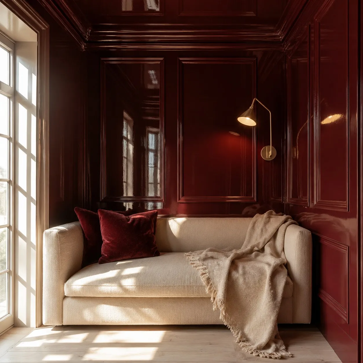 Snug wrapped in deep red lacquered panelling with a cream sofa and brushed brass wall light