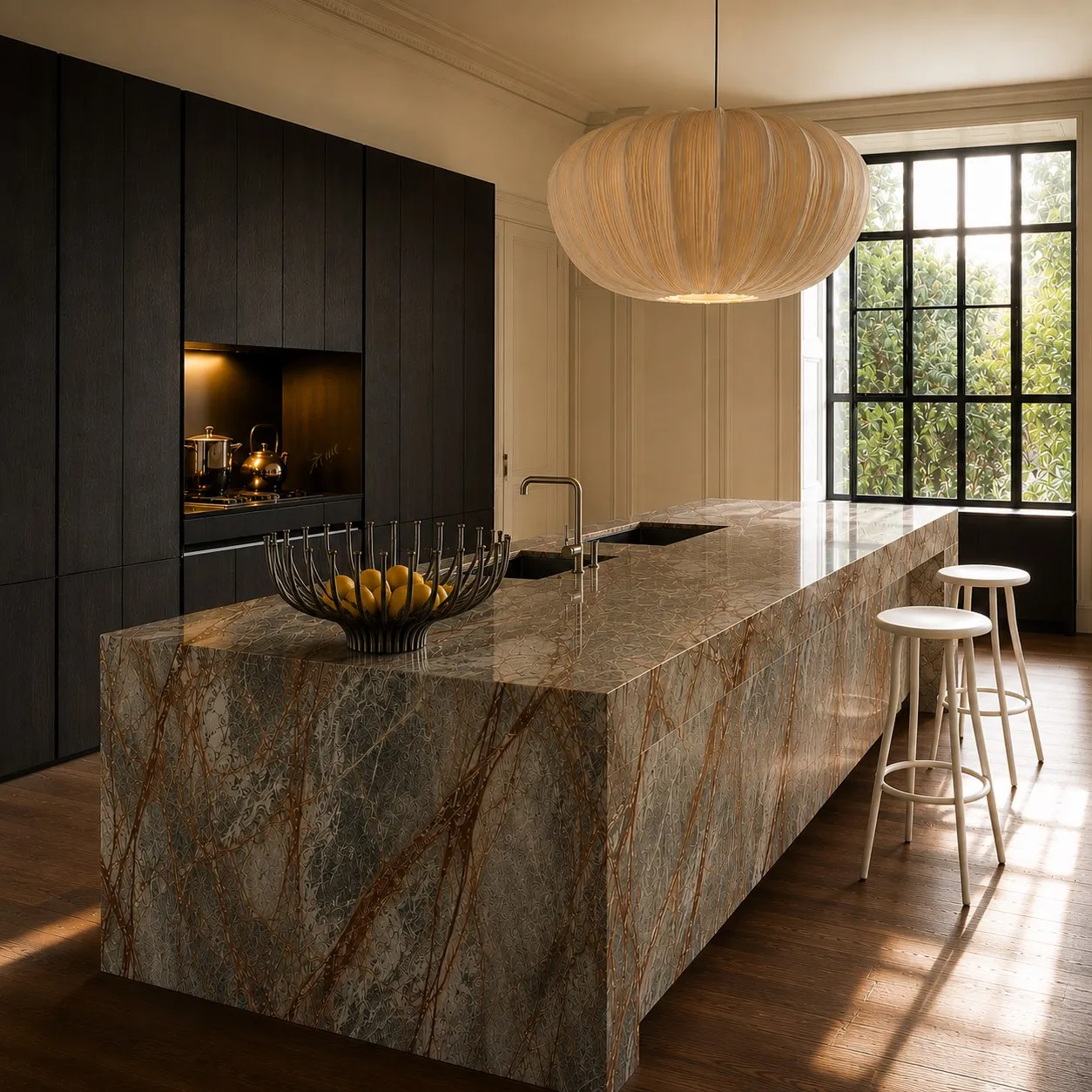 Townhouse kitchen with monolithic stone island, statement black cabinetry and Crittall-style window