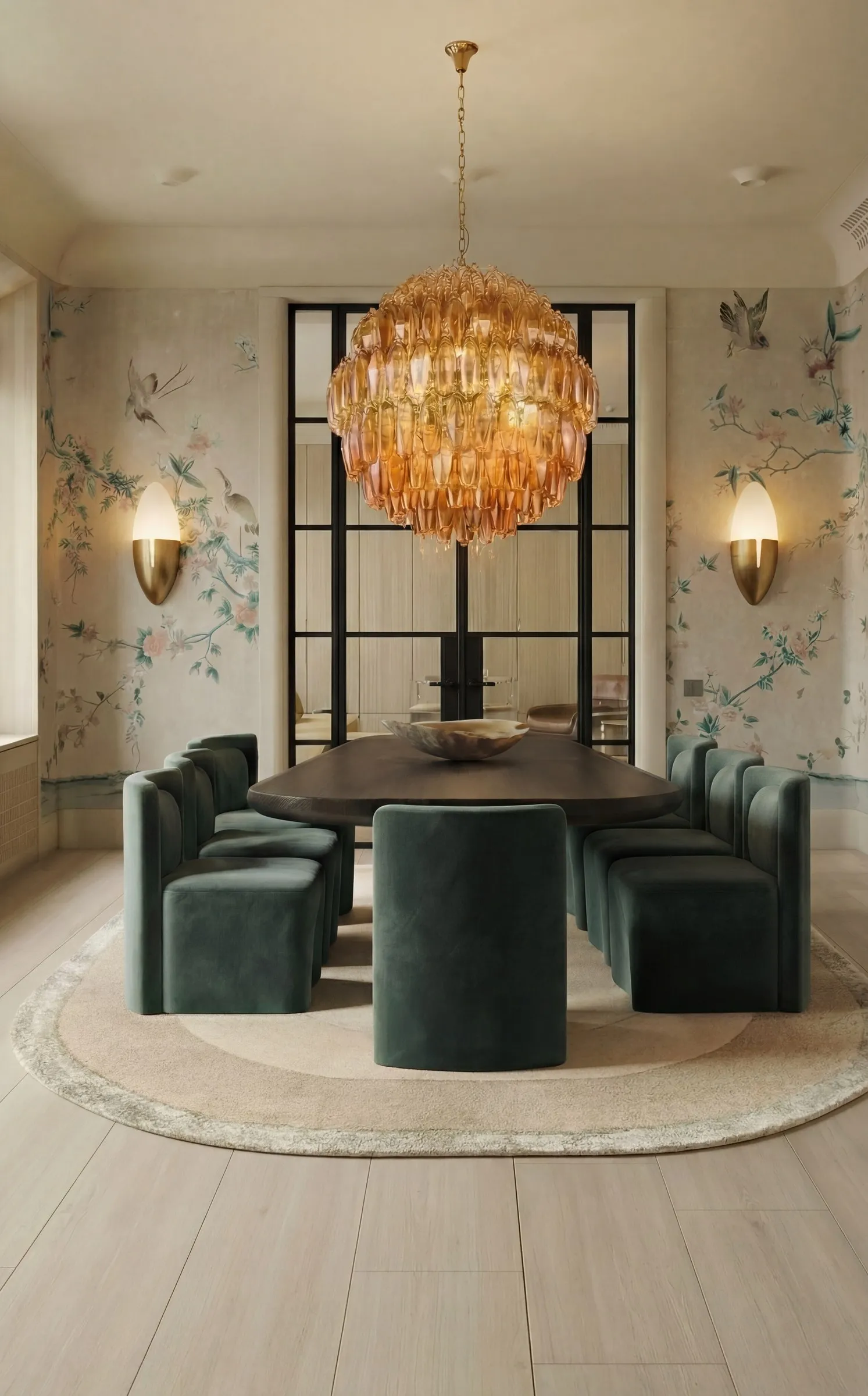 Dining room with chinoiserie wallpaper, an amber crystal chandelier and green velvet chairs around a dark timber table