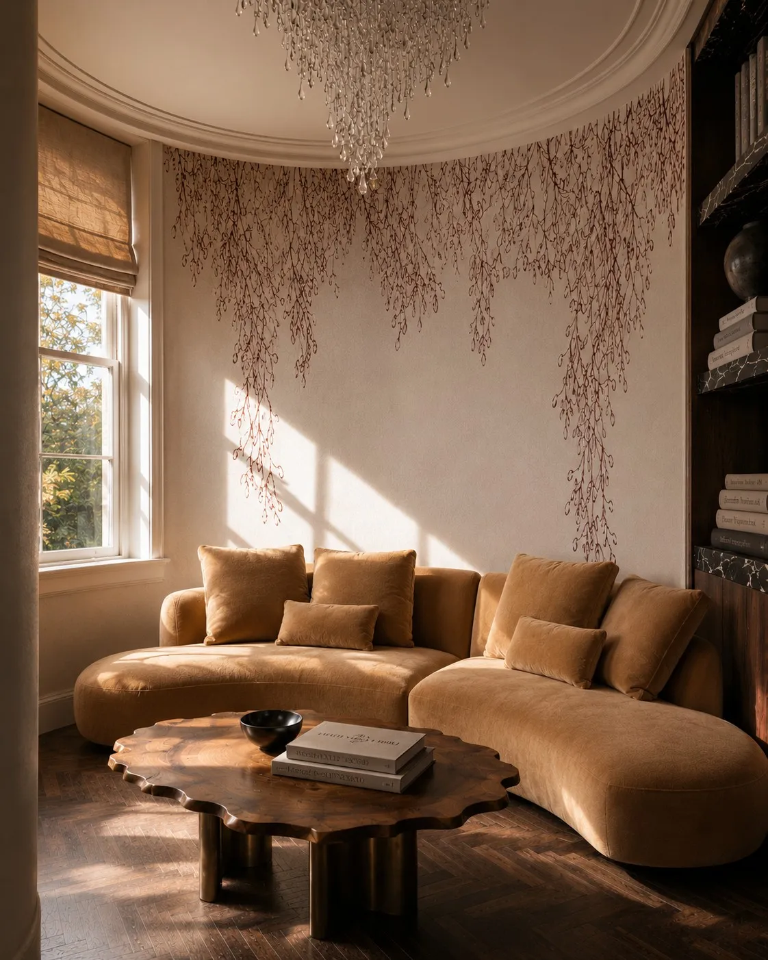 Curved velvet sofa tracing the library bay beneath cascading branch wallpaper and a crystal chandelier