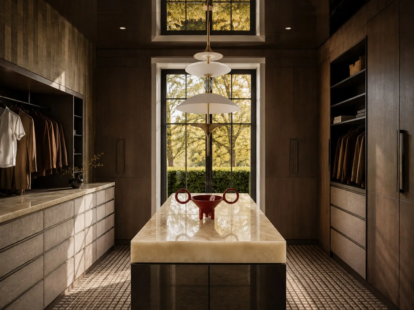 Walk-in wardrobe with dark timber joinery, mosaic floor, onyx island and smoked mirror ceiling